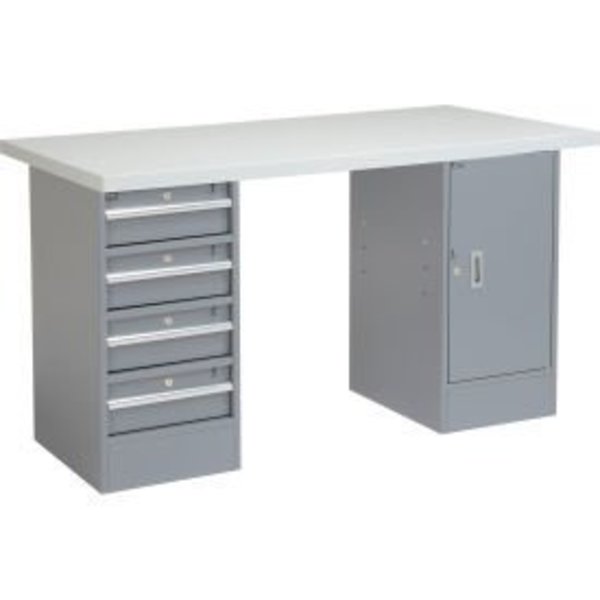 Global Equipment 60 x 24 Pedestal Workbench 4 Drawers   1 Cabinet, Laminate Square Edge Gray 253778